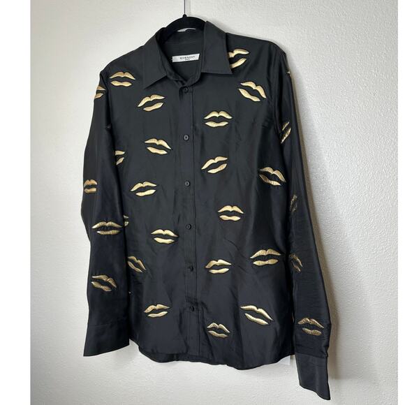 Givenchy Black with Gold Embroidery Lips Button Front Long Sleeve Shirt 38 / M - Picture 4 of 14
